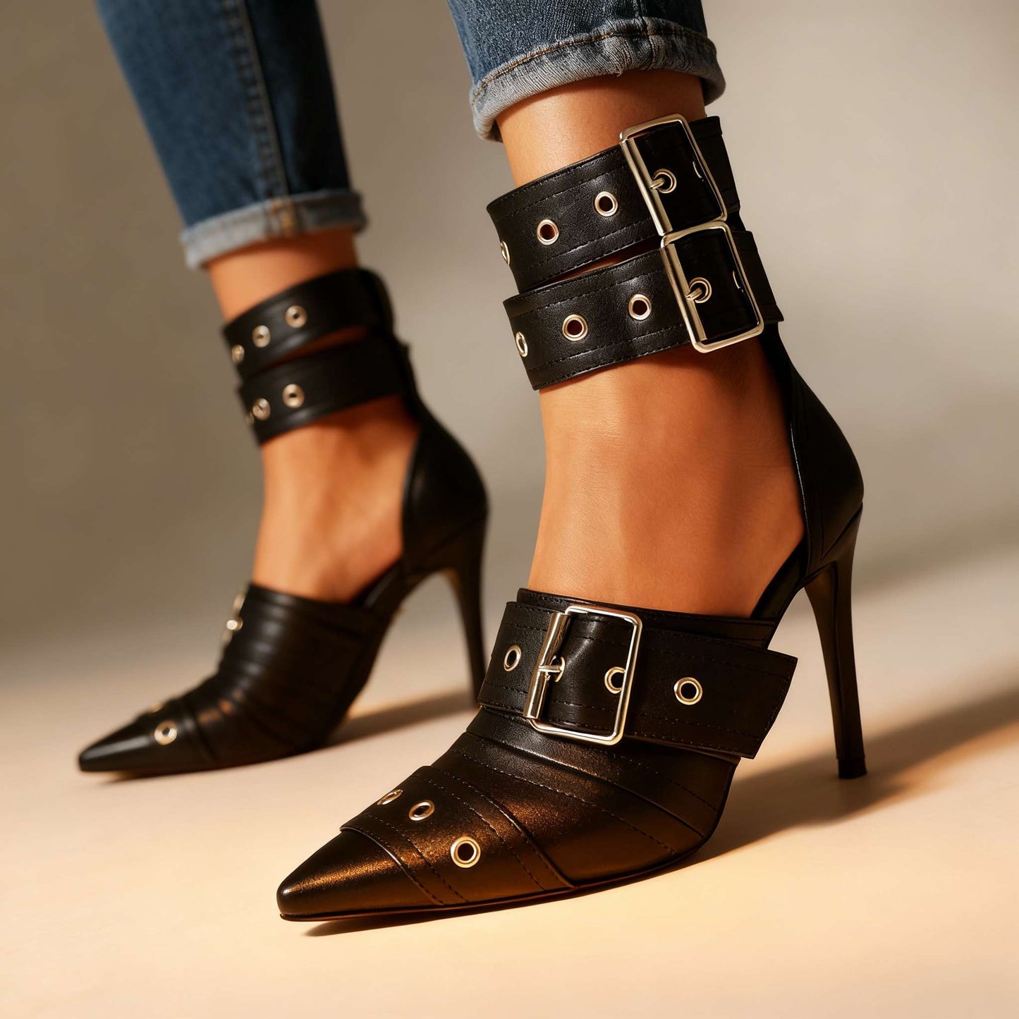 Women's Triple-Buckle Leather Heels Corvine