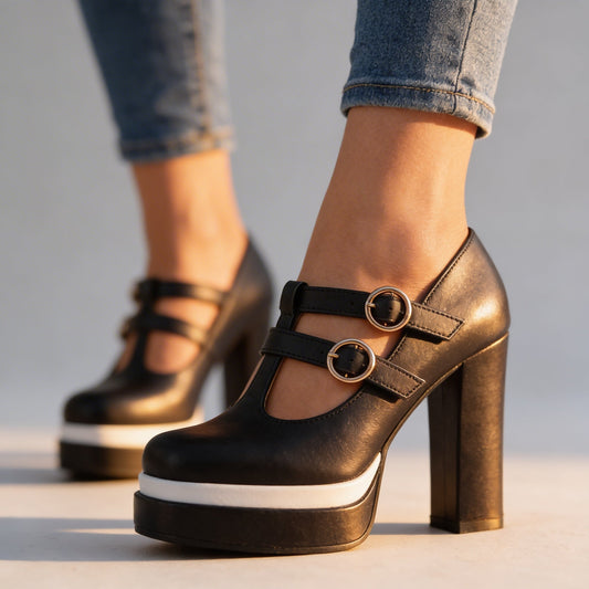 Women's Twin Buckle T-Strap Platform Heels Corvine