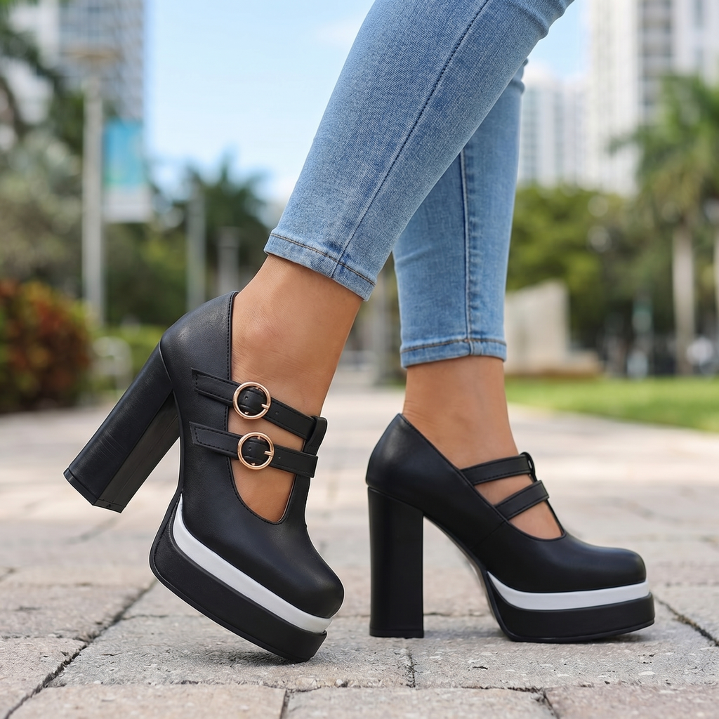 Women's Twin Buckle T-Strap Platform Heels Corvine