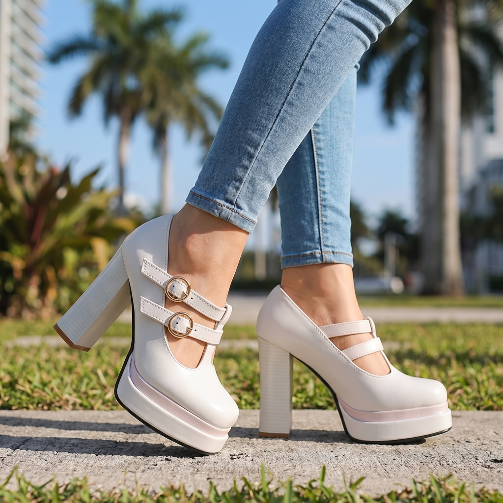 Women's Twin Buckle T-Strap Platform Heels Corvine