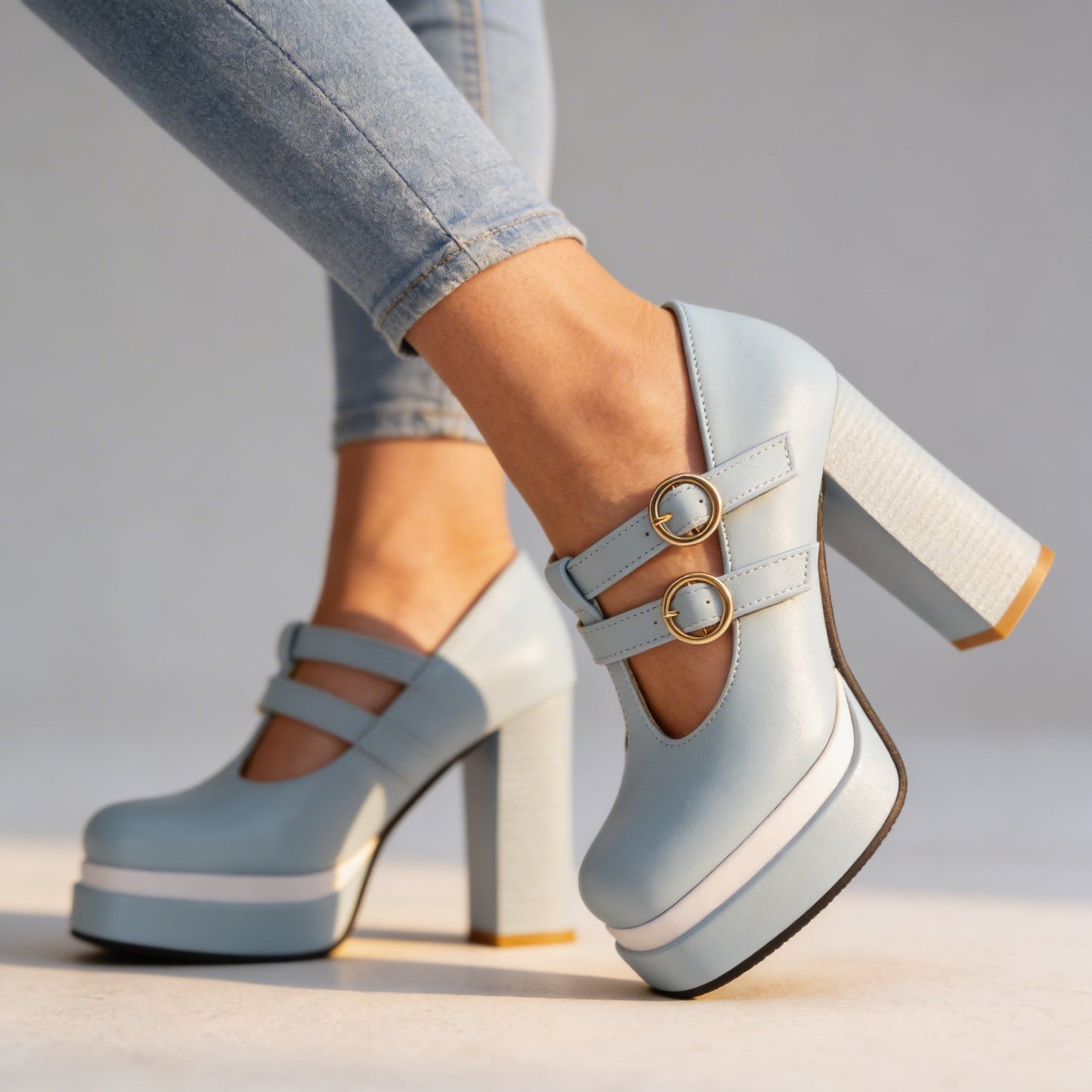 Women's Twin Buckle T-Strap Platform Heels Corvine