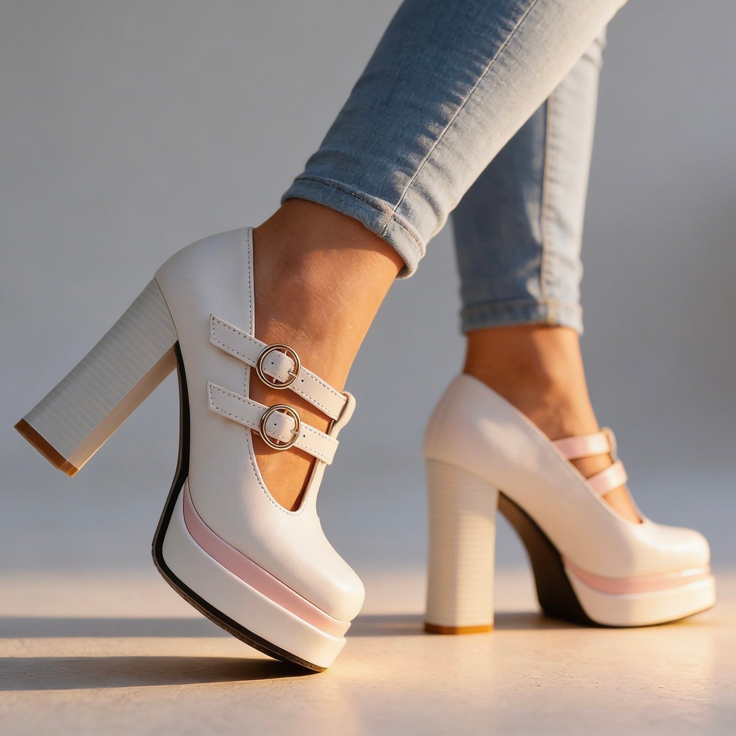 Women's Twin Buckle T-Strap Platform Heels Corvine