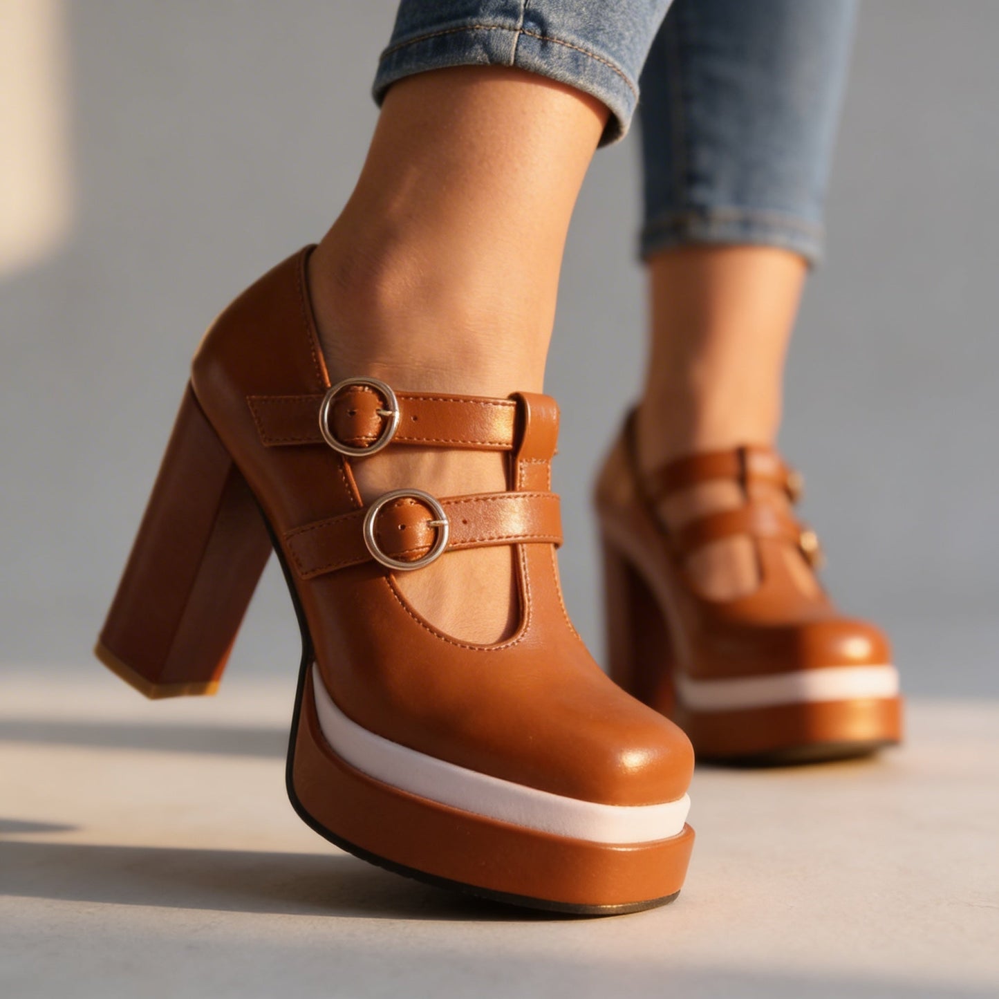 Women's Twin Buckle T-Strap Platform Heels Corvine