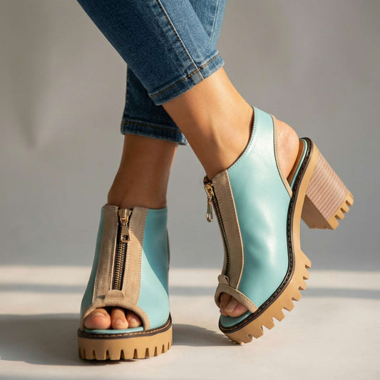 Women's Two-Tone Block Heel Zipper Shoes Corvine
