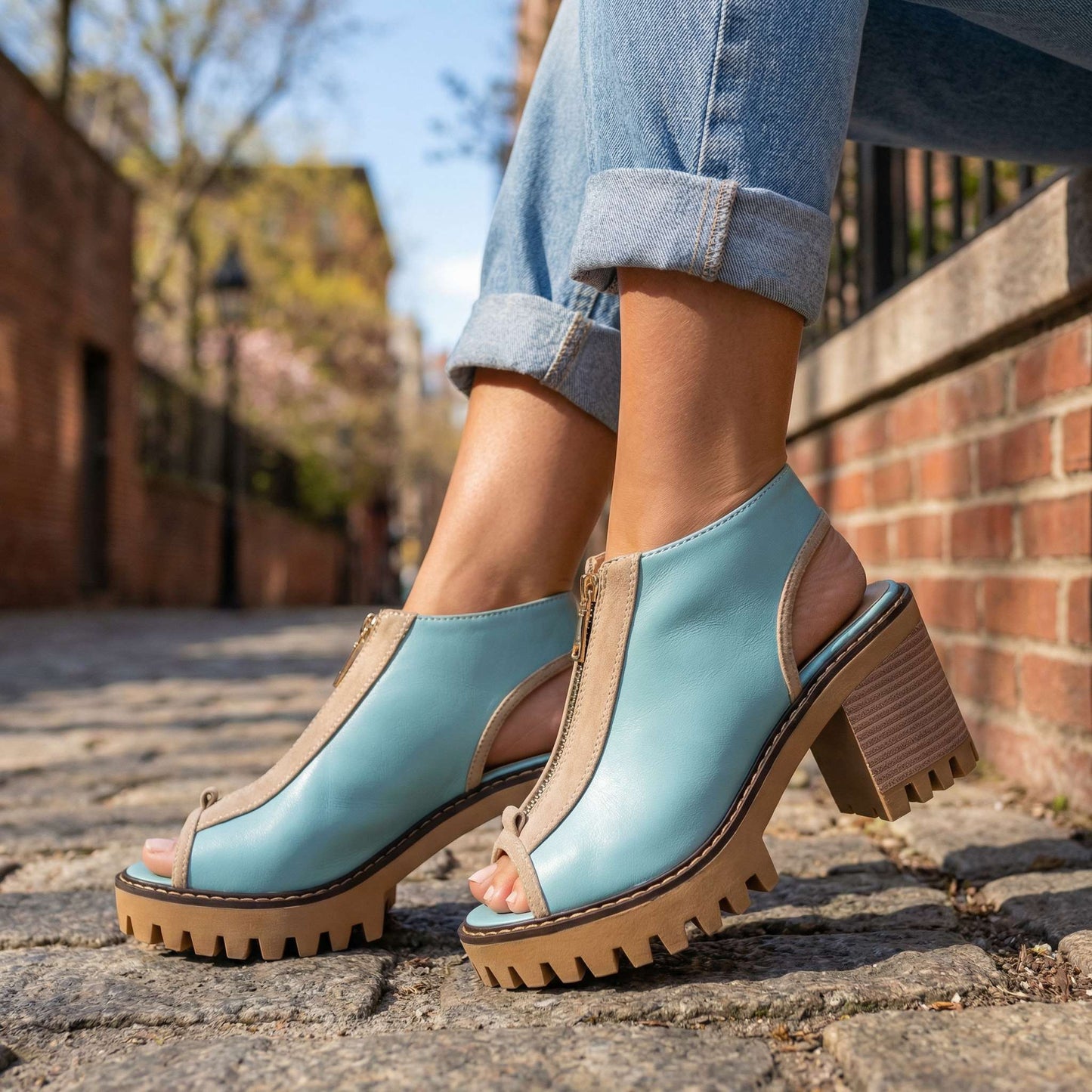 Women's Two-Tone Block Heel Zipper Shoes Corvine