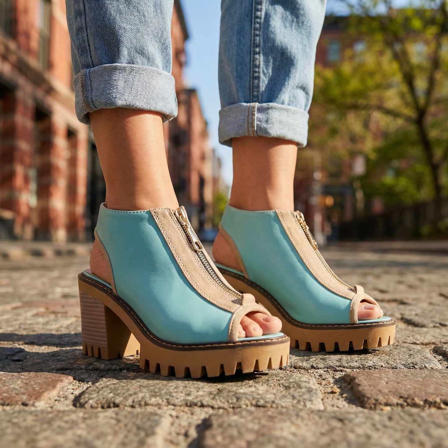 Women's Two-Tone Block Heel Zipper Shoes Corvine