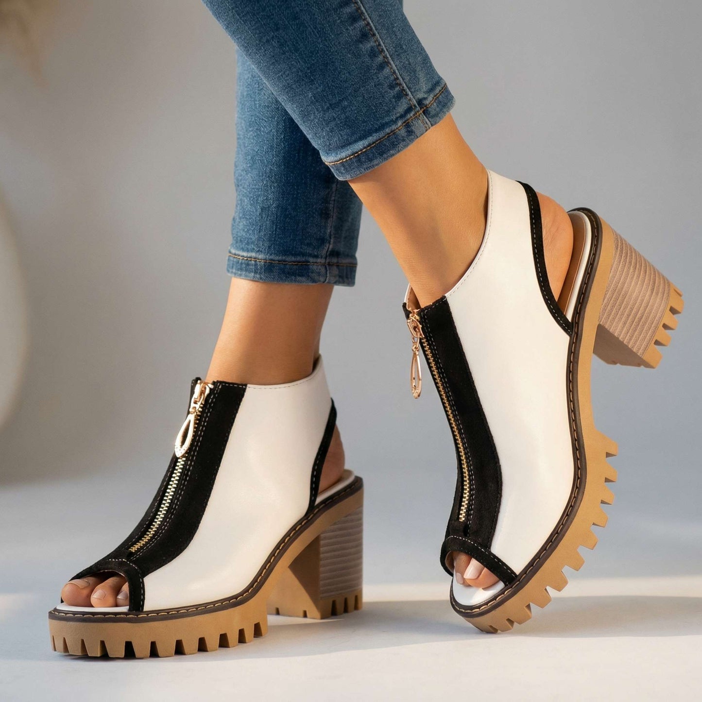 Women's Two-Tone Block Heel Zipper Shoes Corvine