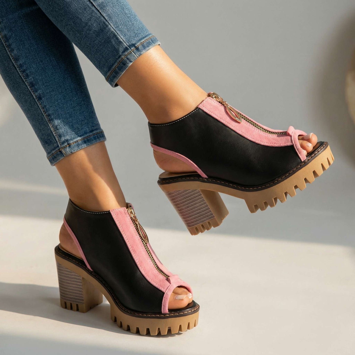 Women's Two-Tone Block Heel Zipper Shoes Corvine