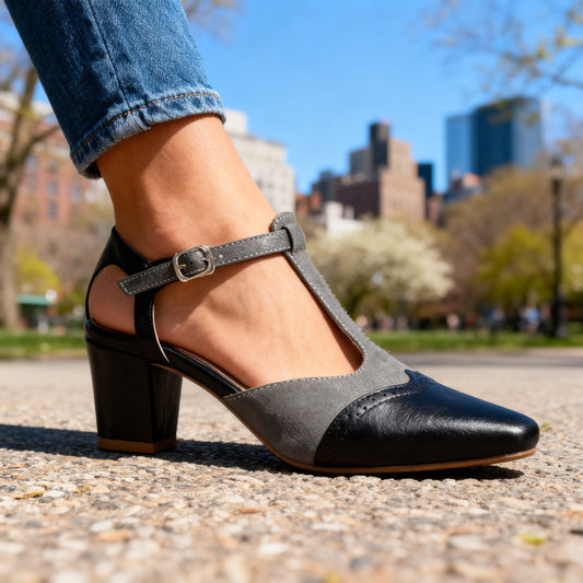 Women's Two-Tone T-Strap Block Heel Pumps Corvine