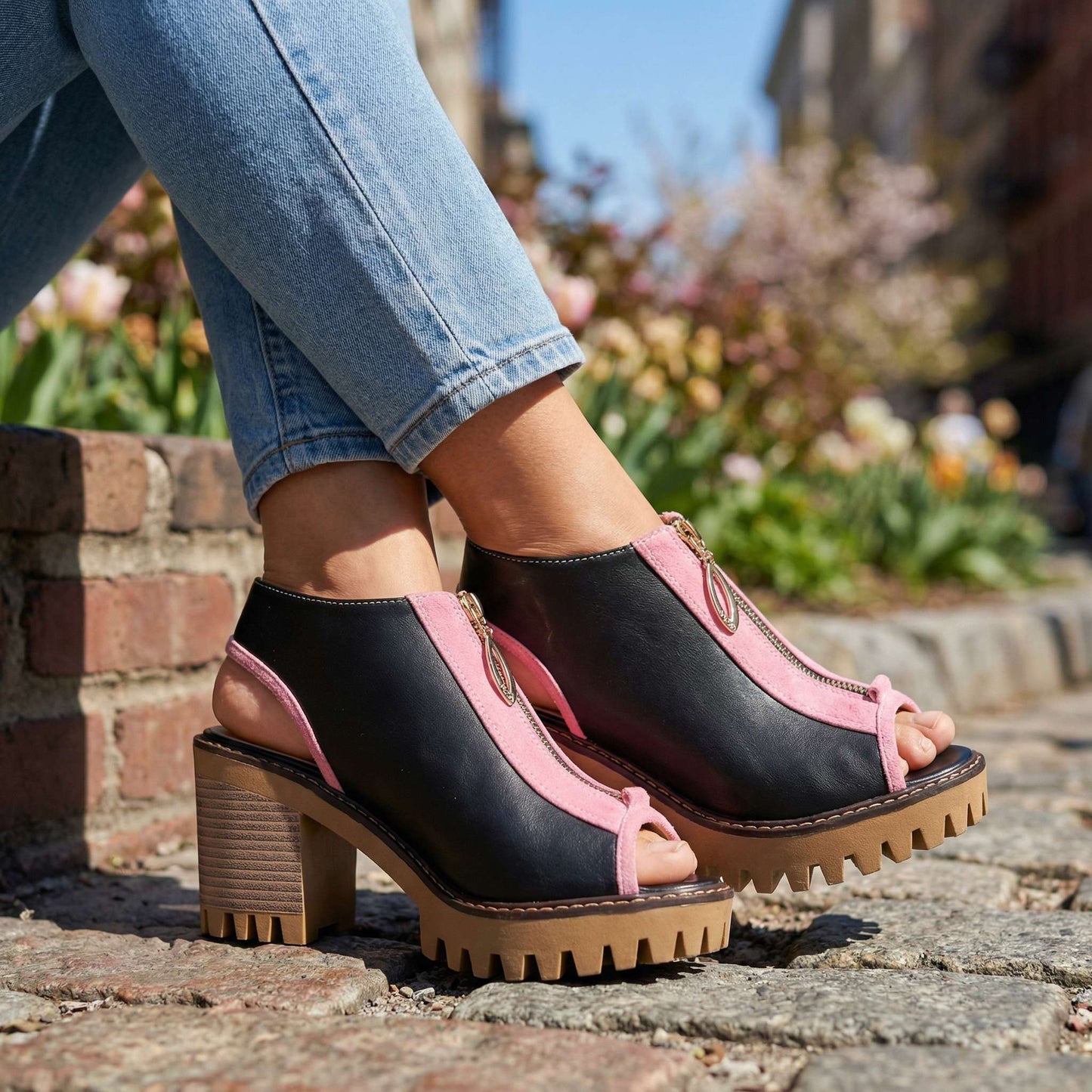 Women's Two-Tone Zipper Block Heel Shoes Corvine