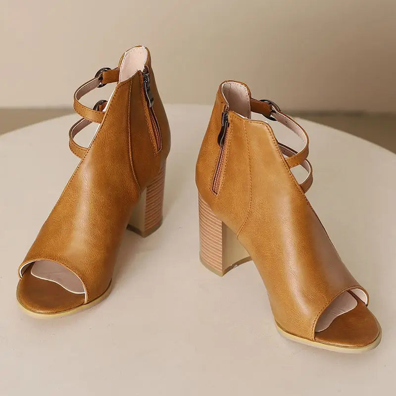 Women's Vegan Leather Peep Toe Block Heel Sandals Corvine