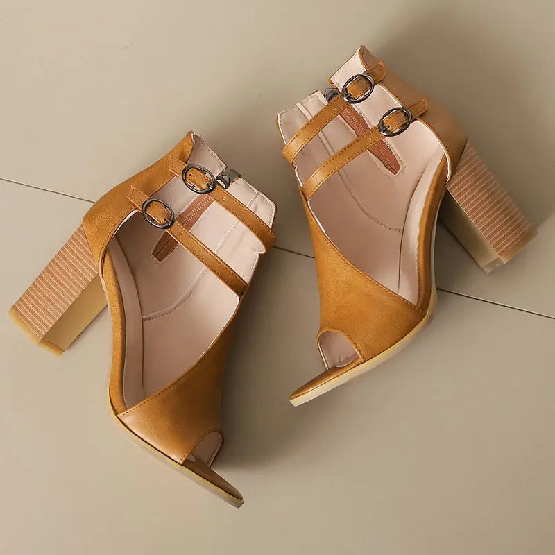 Women's Vegan Leather Peep Toe Block Heel Sandals Corvine