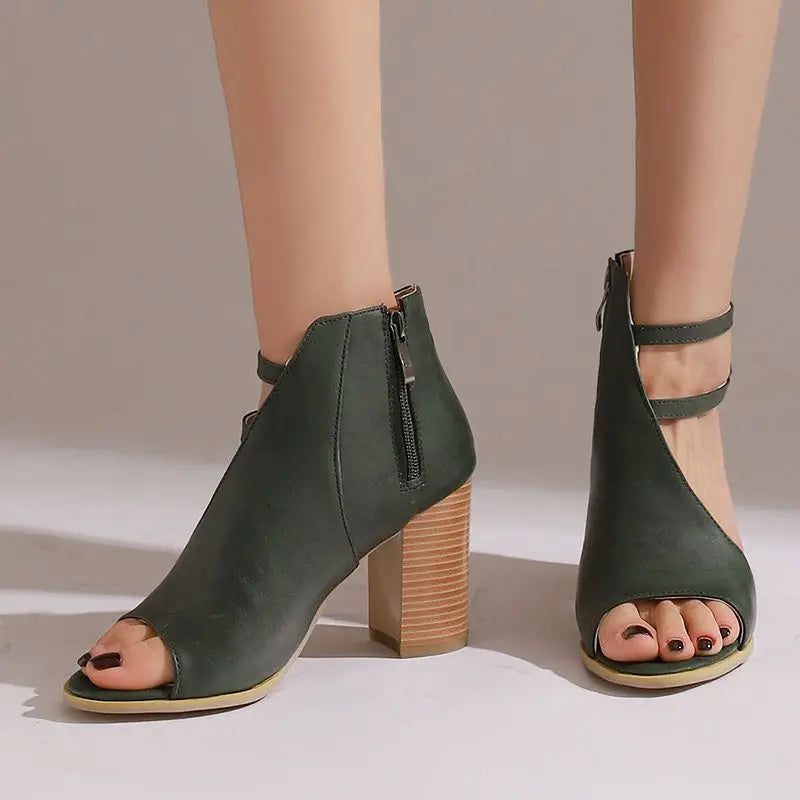 Women's Vegan Leather Peep Toe Block Heel Sandals Corvine
