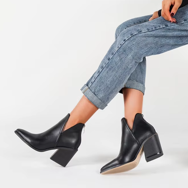 Women's Vegan Leather Pointed Toe Black Ankle Boots Corvine