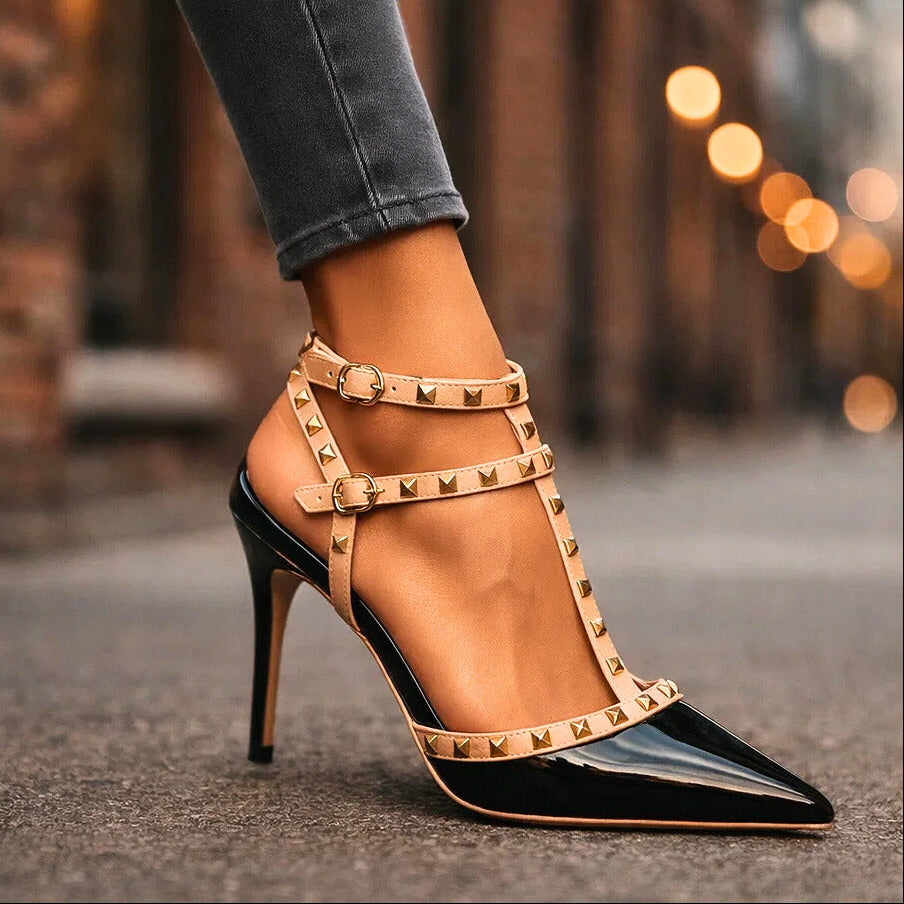 Women's Vegan Leather Pointed Toe Black Heels Corvine