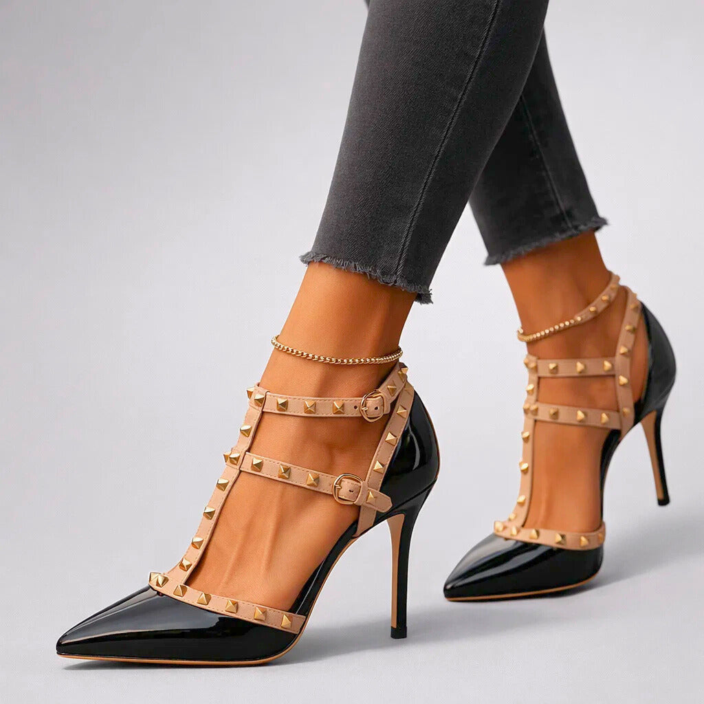 Women's Vegan Leather Pointed Toe Black Heels Corvine