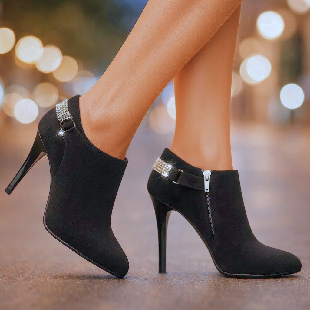 Women’s Velvet-Suede Ankle Boots with Crystal Strap Corvine