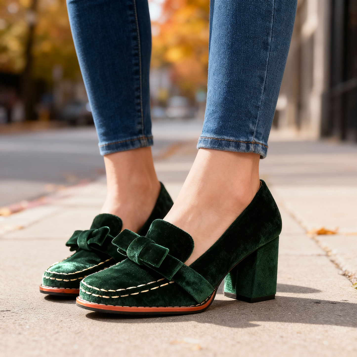 Women's Velvet Block Heel Loafers Corvine