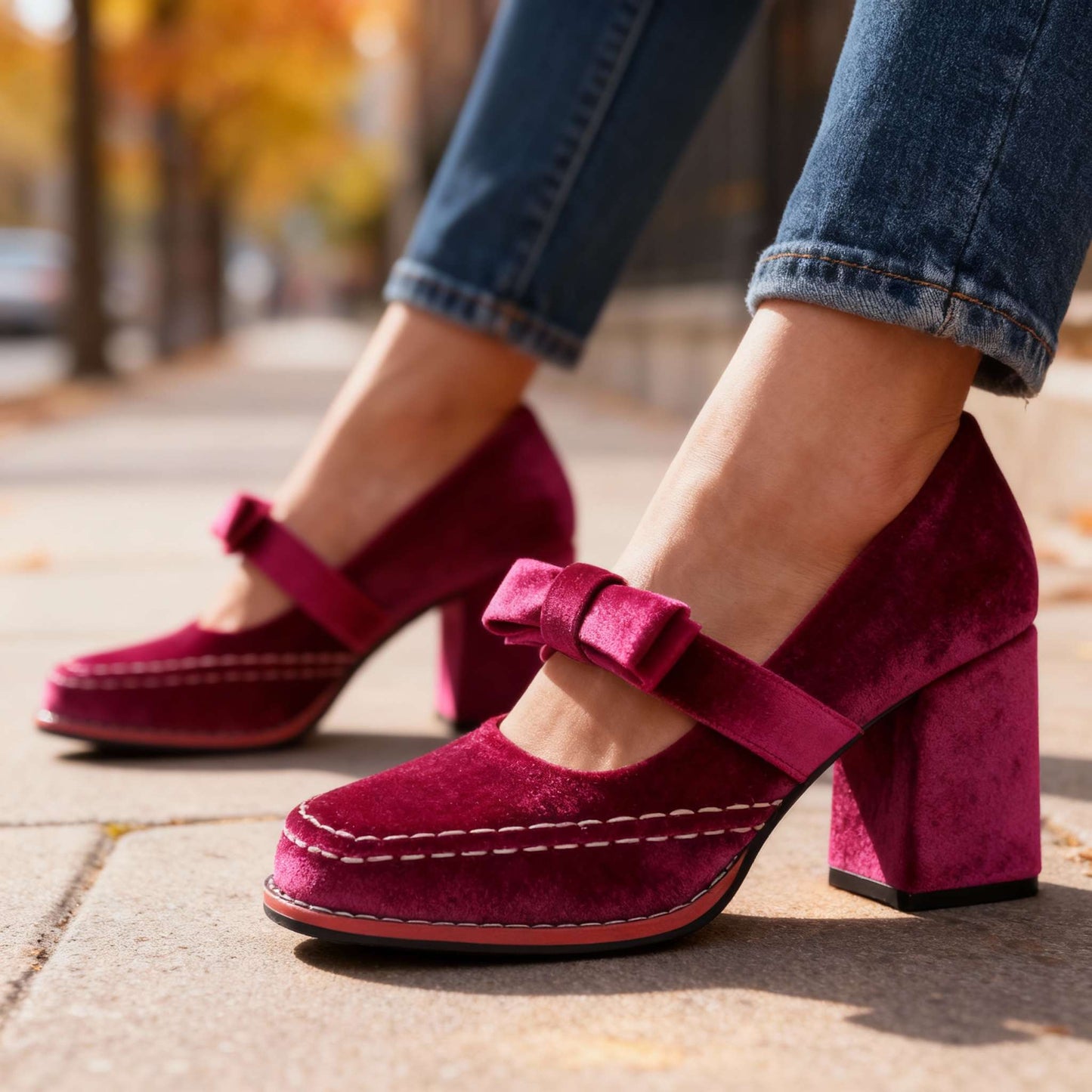 Women's Velvet Block Heel Loafers Corvine