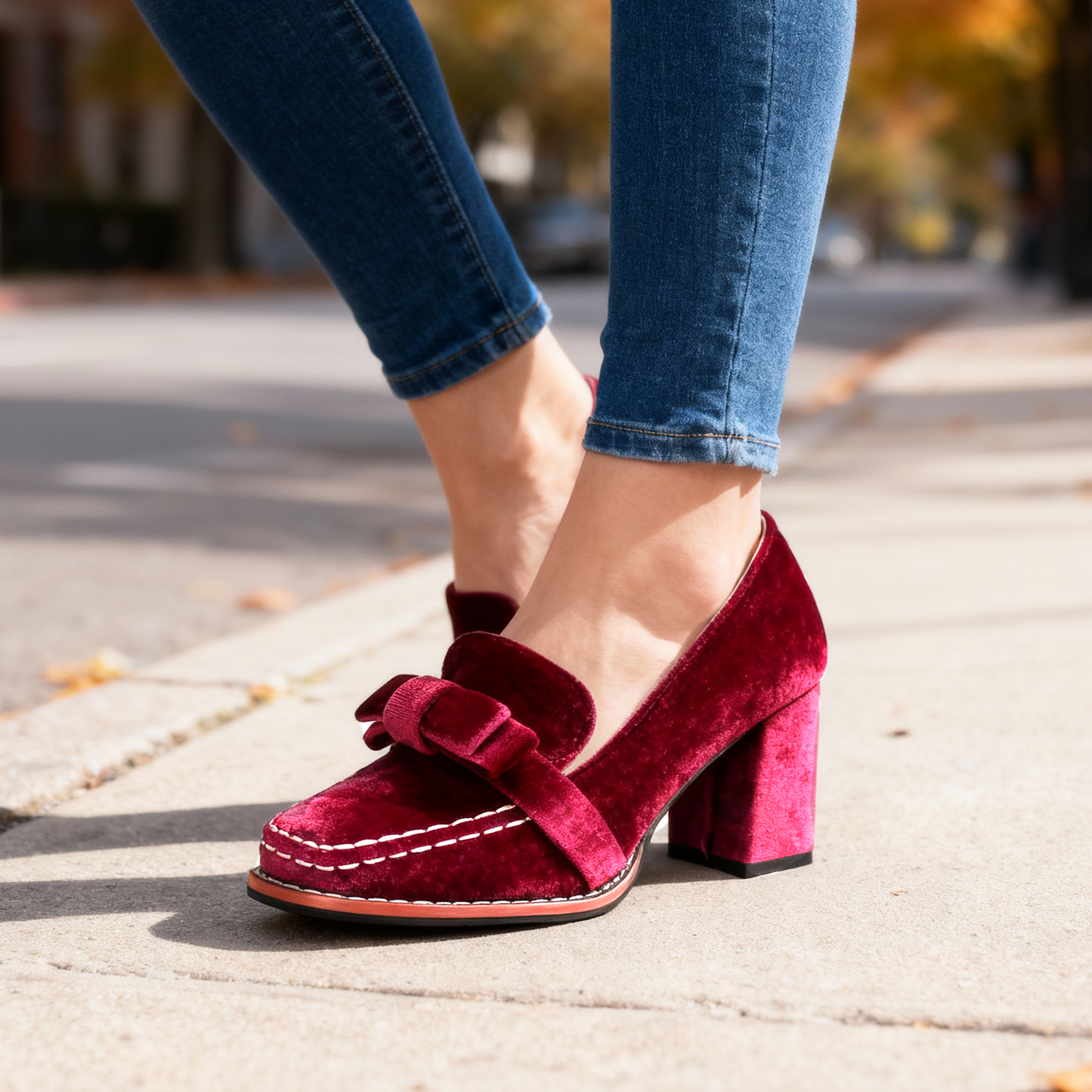 Women's Velvet Block Heel Loafers Corvine
