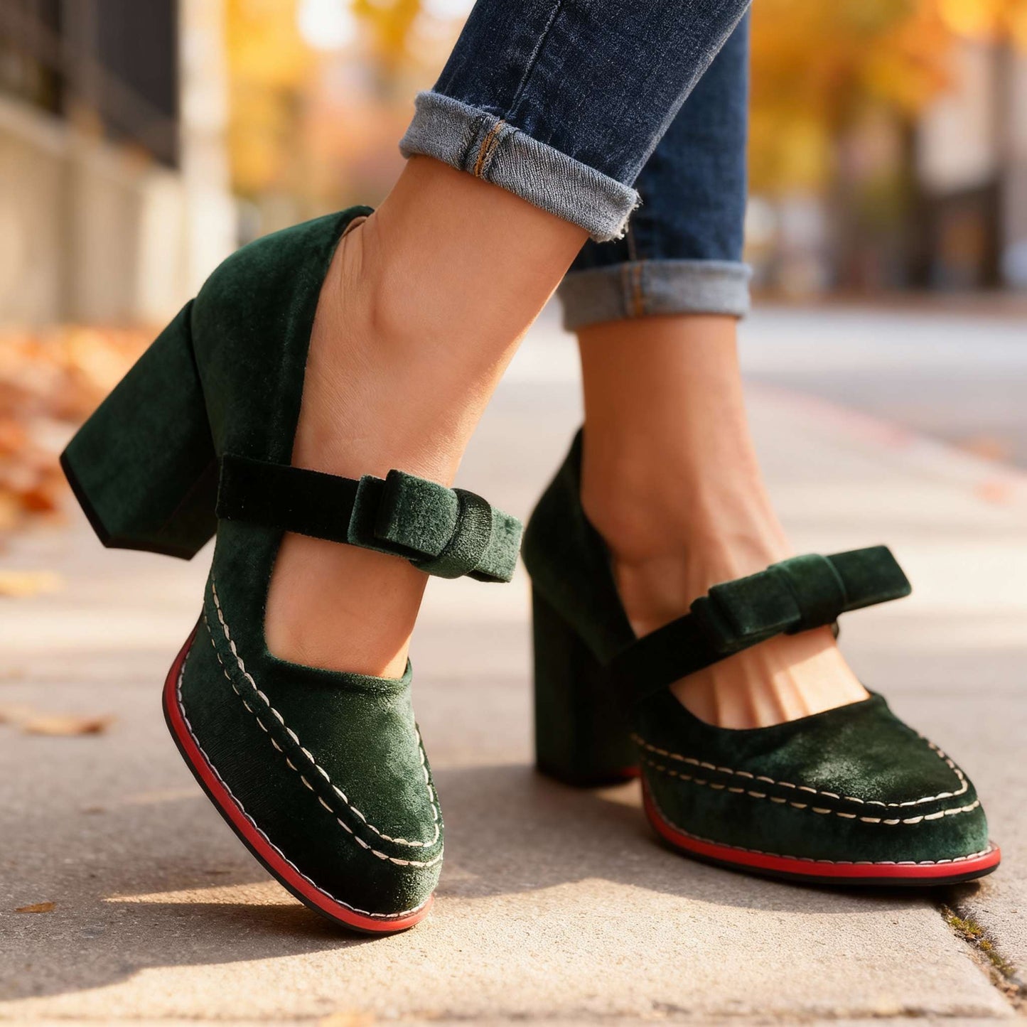 Women's Velvet Block Heel Loafers Corvine