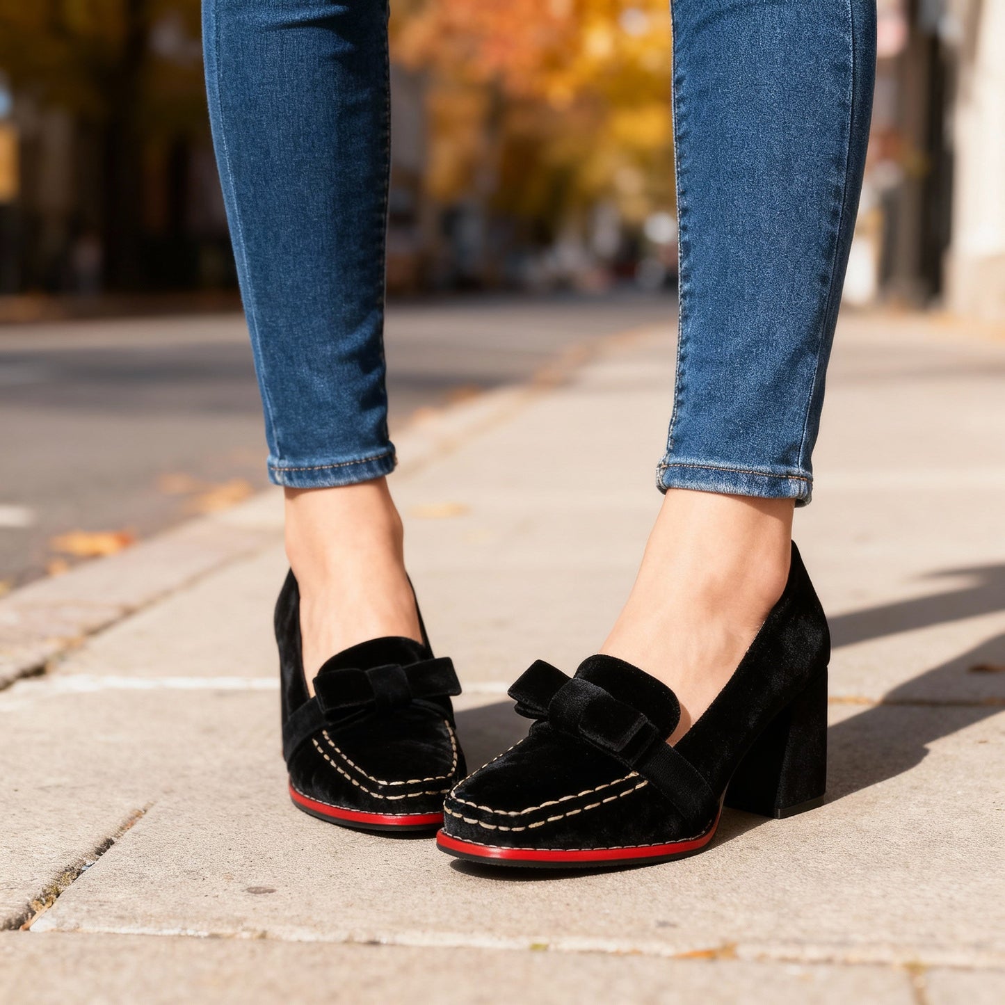 Women's Velvet Block Heel Loafers Corvine
