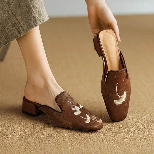 Women's Velvet Block Heel Mules Shoes Corvine