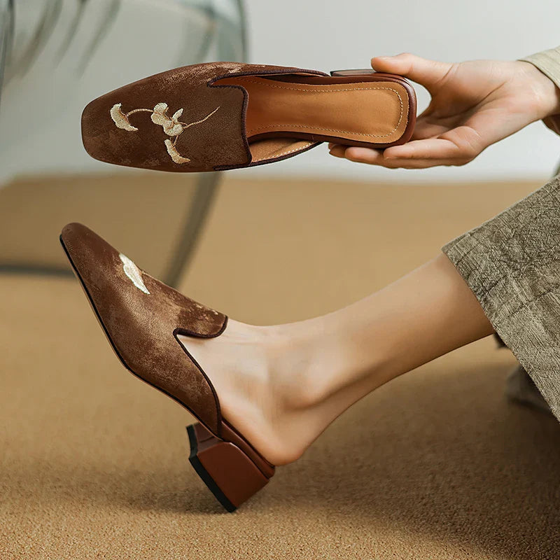 Women's Velvet Block Heel Mules Shoes Corvine