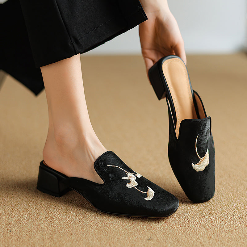 Women's Velvet Block Heel Mules Shoes Corvine