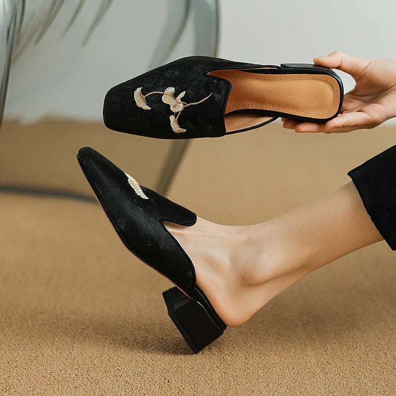 Women's Velvet Block Heel Mules Shoes Corvine