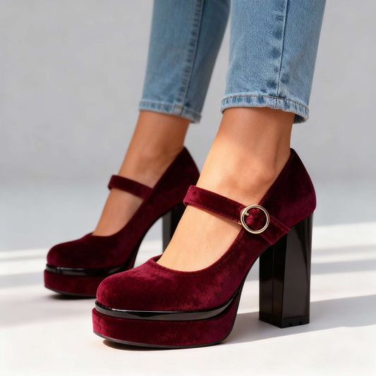 Women's Velvet Block Heel Shoes Corvine