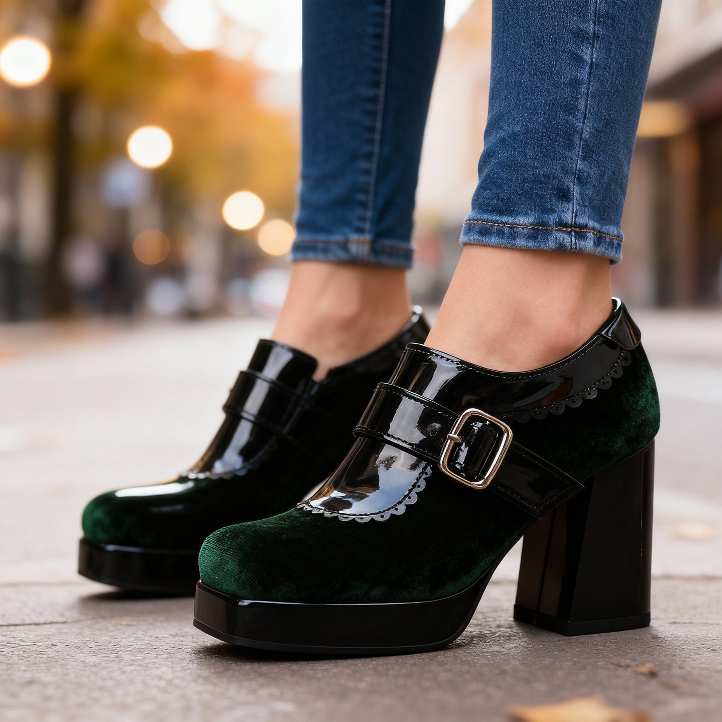 Women's Velvet Block Heel Shoes Corvine