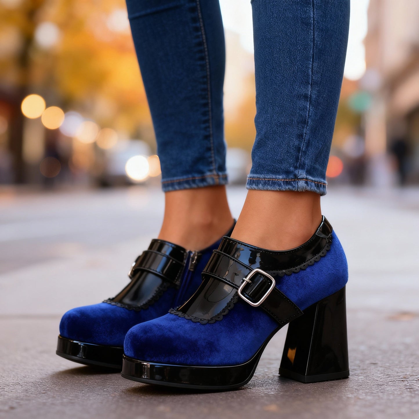 Women's Velvet Block Heel Shoes Corvine