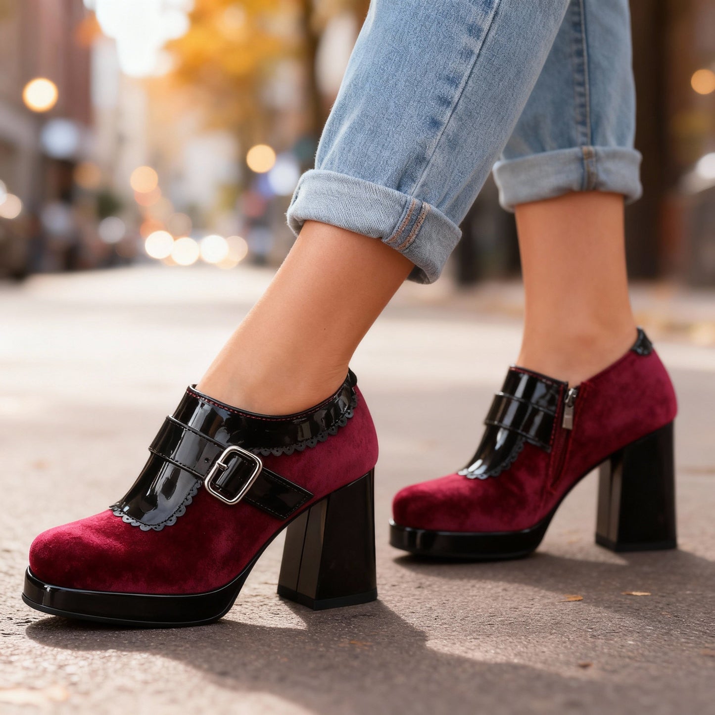 Women's Velvet Block Heel Shoes Corvine