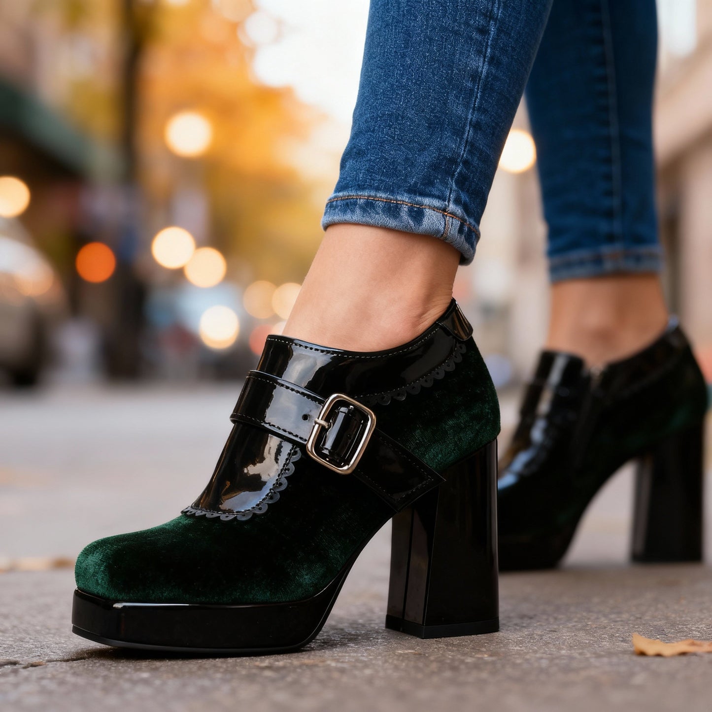Women's Velvet Block Heel Shoes Corvine