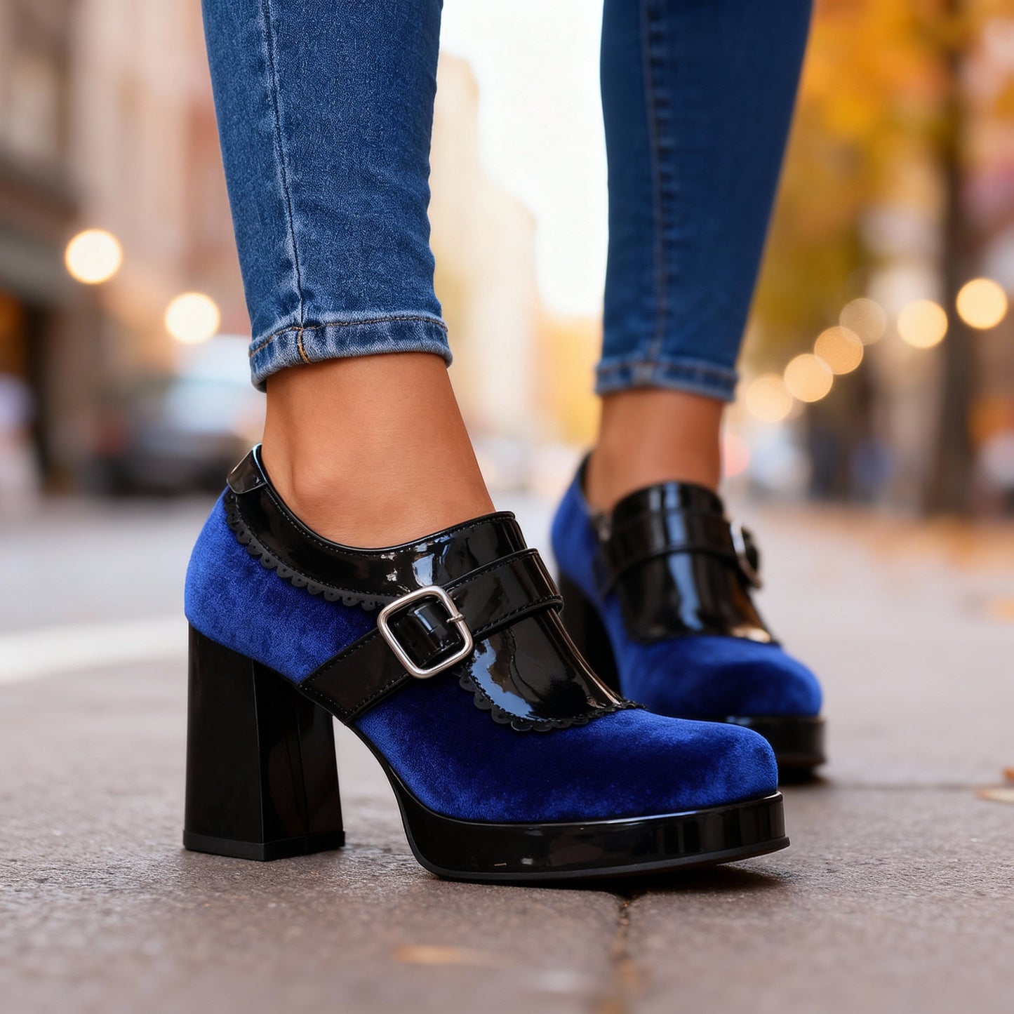 Women's Velvet Block Heel Shoes Corvine