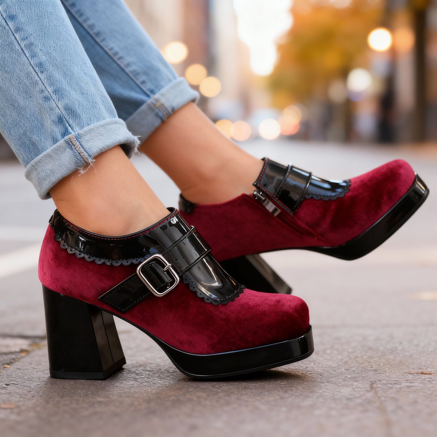 Women's Velvet Block Heel Shoes Corvine
