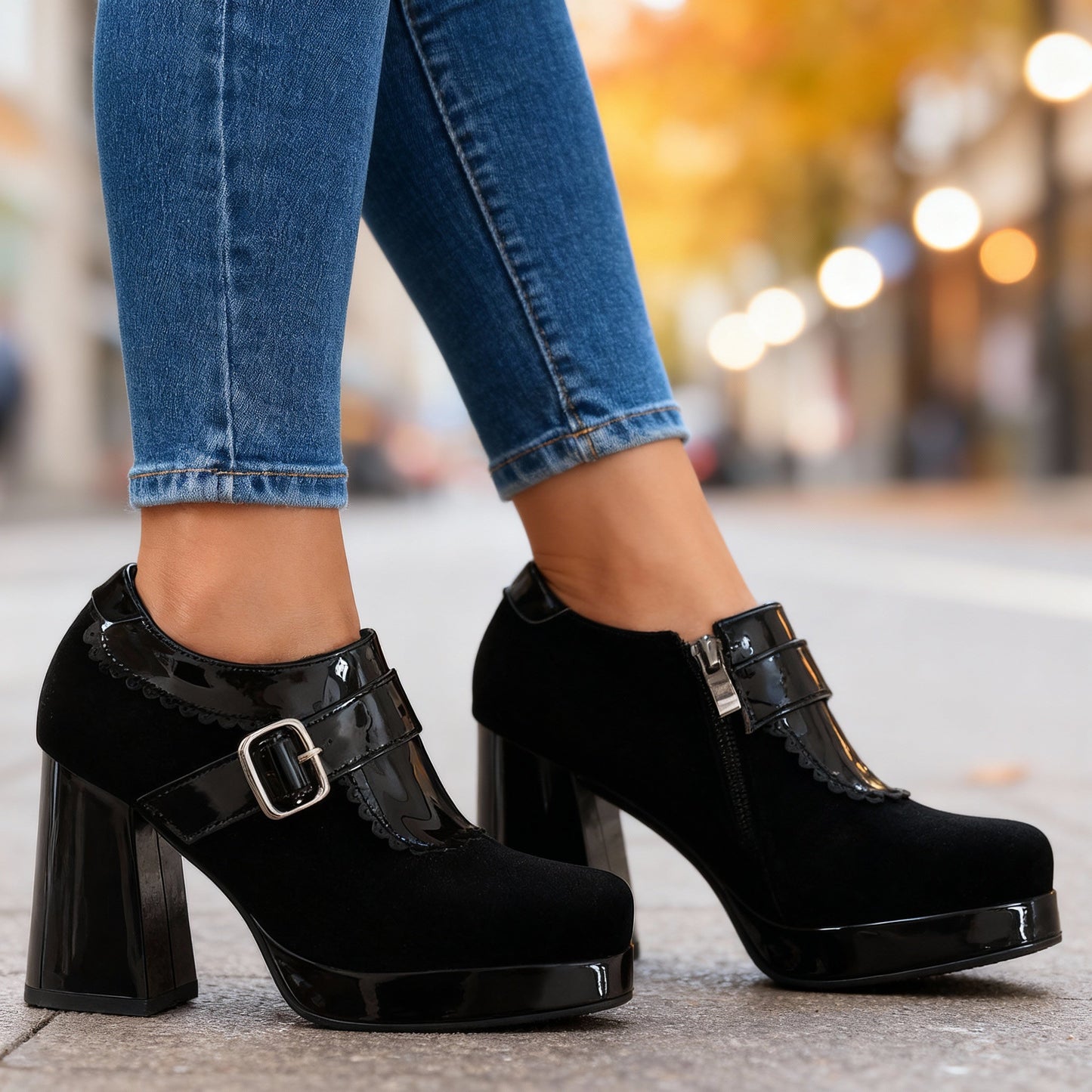 Women's Velvet Block Heel Shoes Corvine