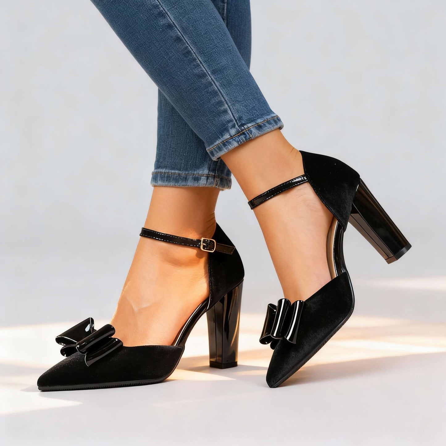 Women's Velvet Bow Block Heels Corvine
