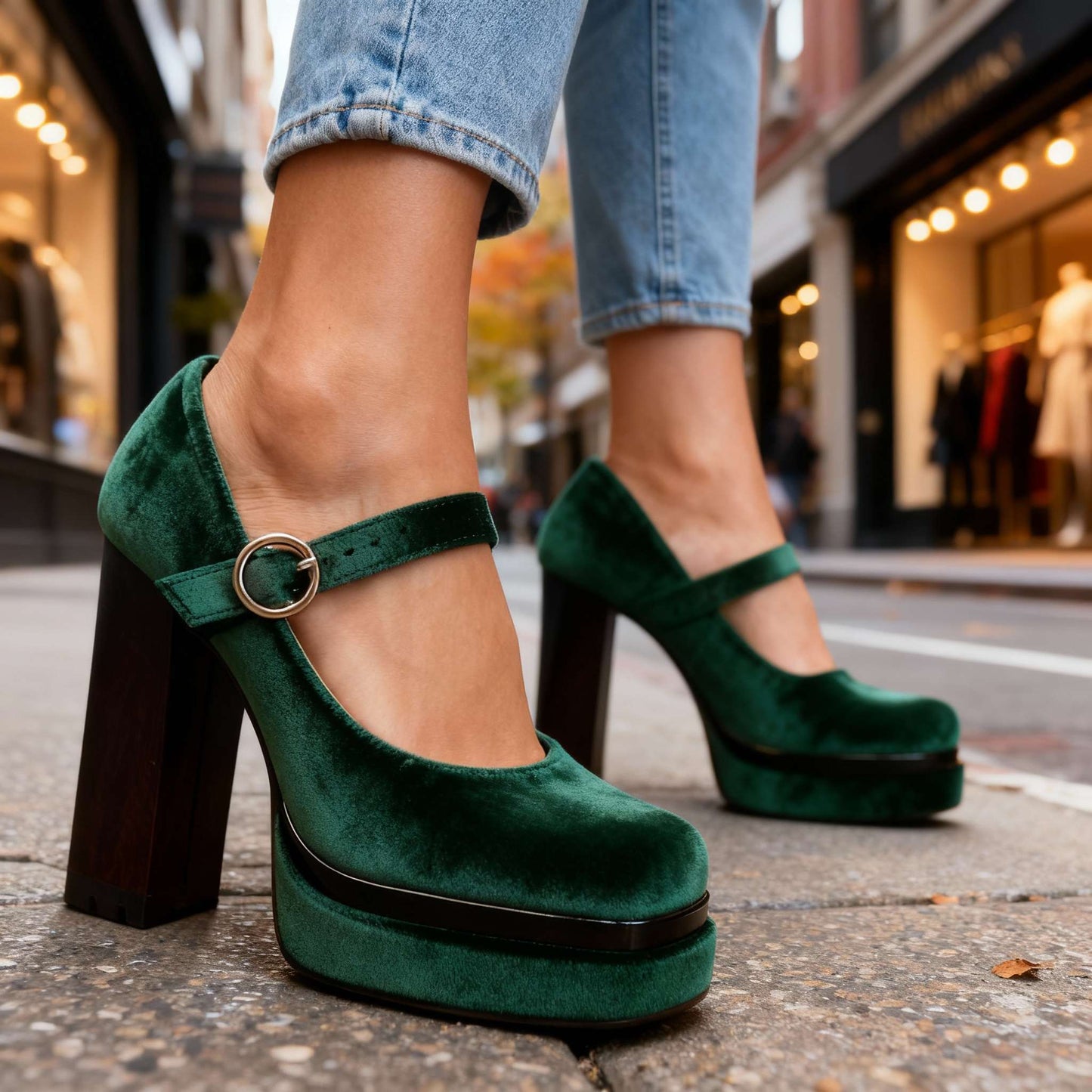 Women's Velvet Mary Jane Block Heel Shoes Corvine