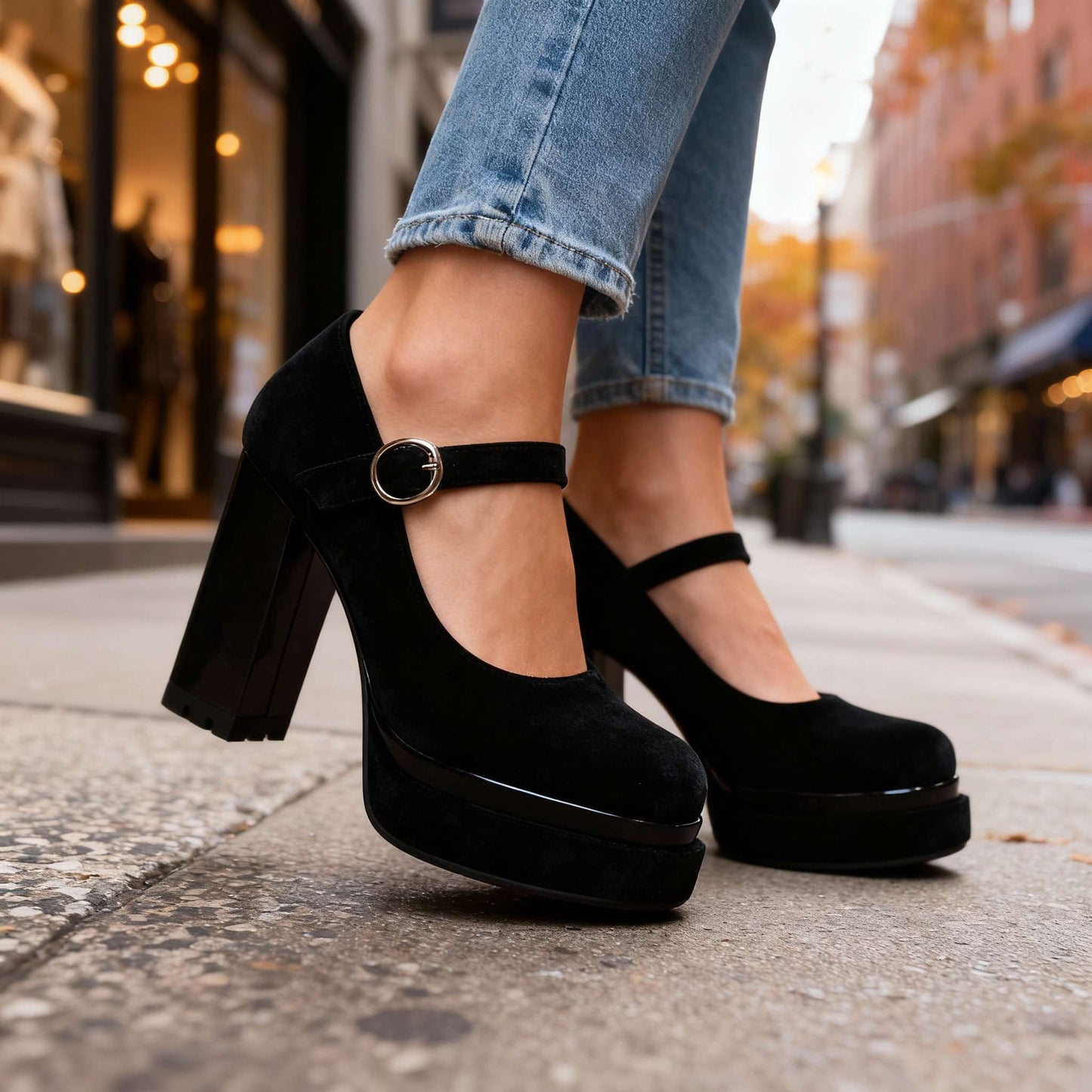 Women's Velvet Mary Jane Block Heel Shoes Corvine