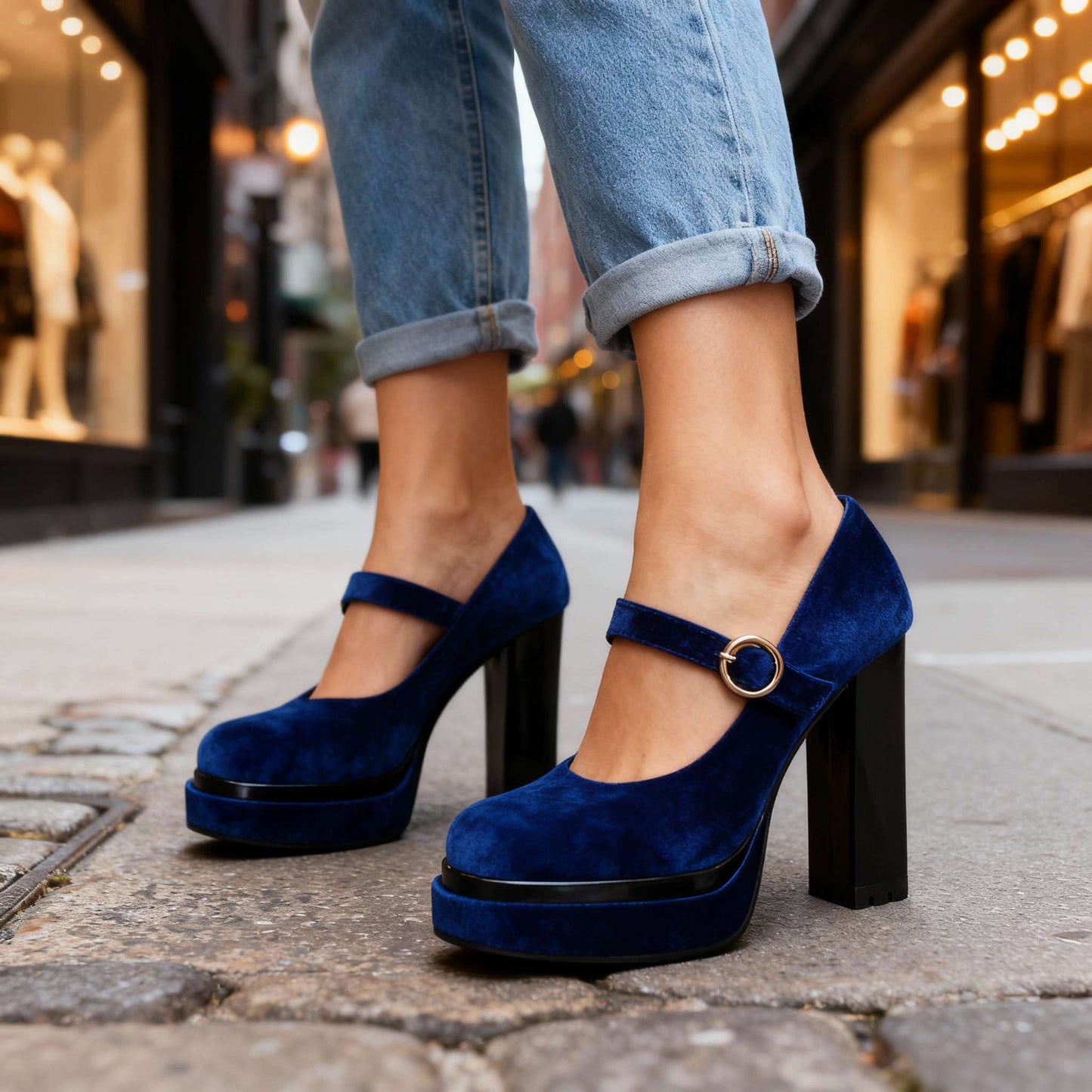 Women's Velvet Mary Jane Block Heel Shoes Corvine