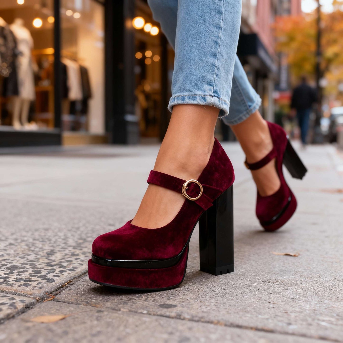 Women's Velvet Mary Jane Block Heel Shoes Corvine
