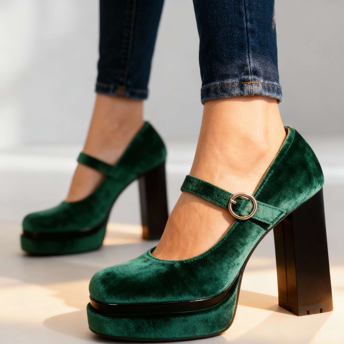 Women's Velvet Mary Jane Block Heel Shoes Corvine