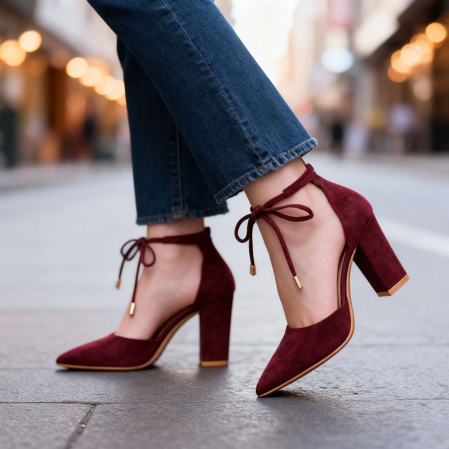 Women's Velvety Suede Block Heel Ankle Tie Heels Corvine