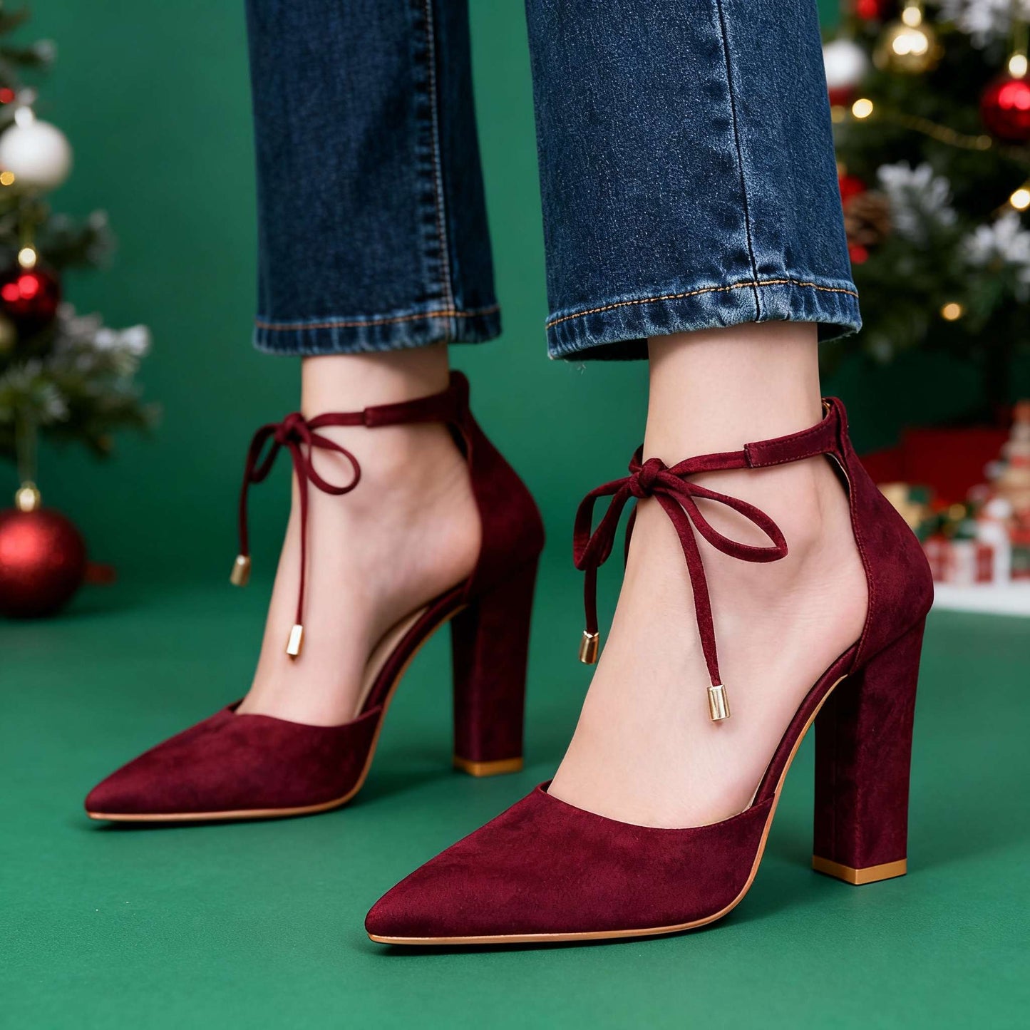 Women's Velvety Suede Block Heel Ankle Tie Heels Corvine
