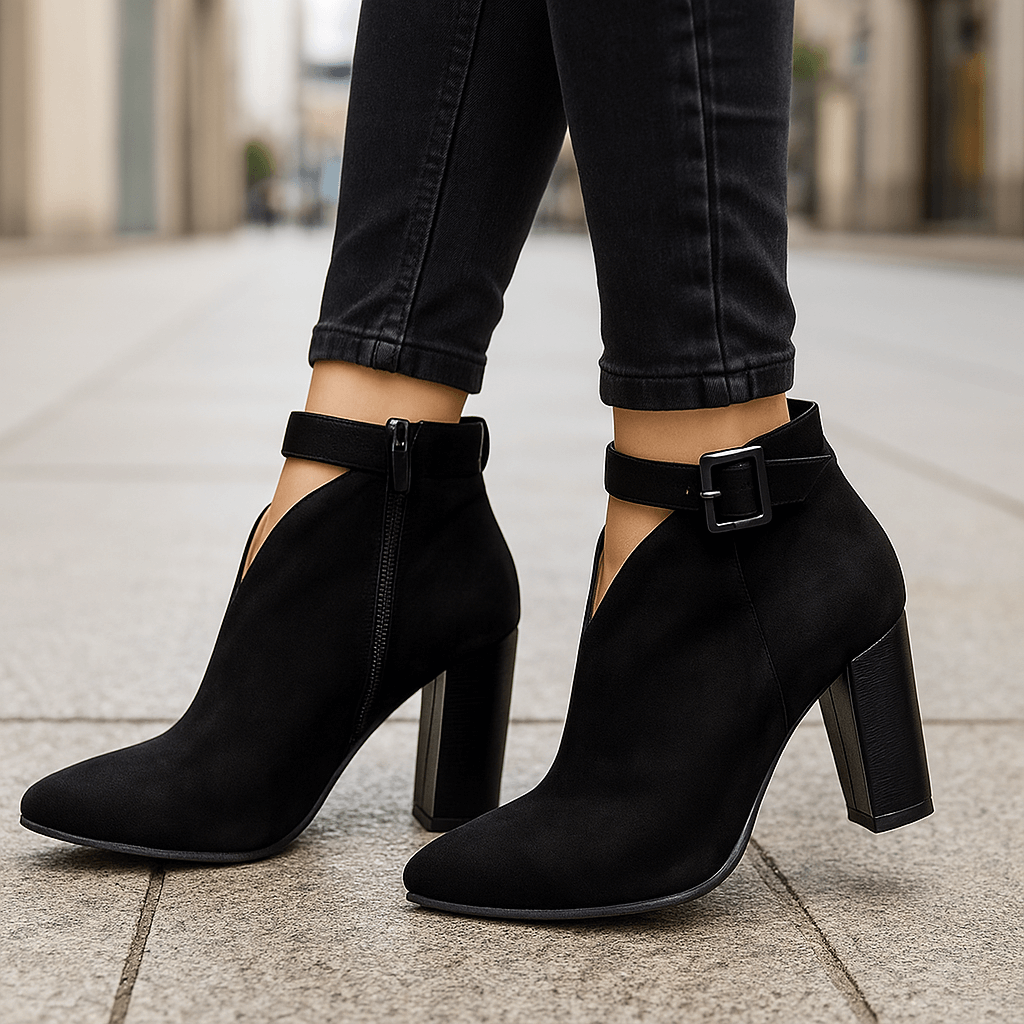 Women's Velvety Suede V-Cut Black Ankle Boots Corvine