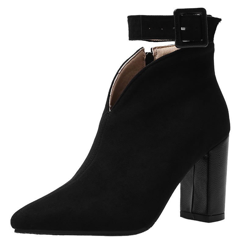 Women's Velvety Suede V-Cut Black Ankle Boots Corvine