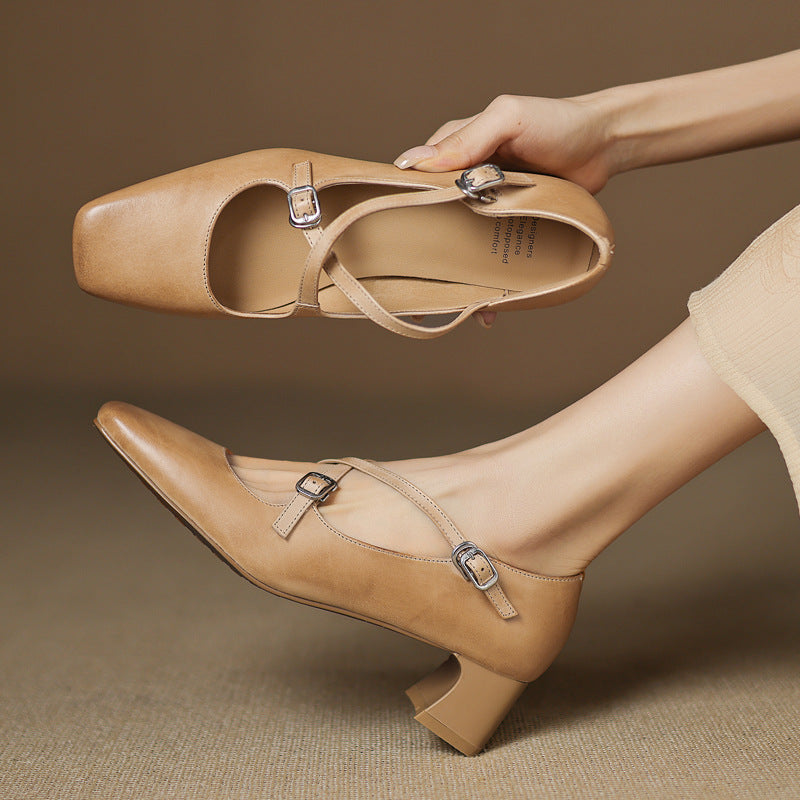 Women's Washed Leather Block Heel Mary Janes Corvine