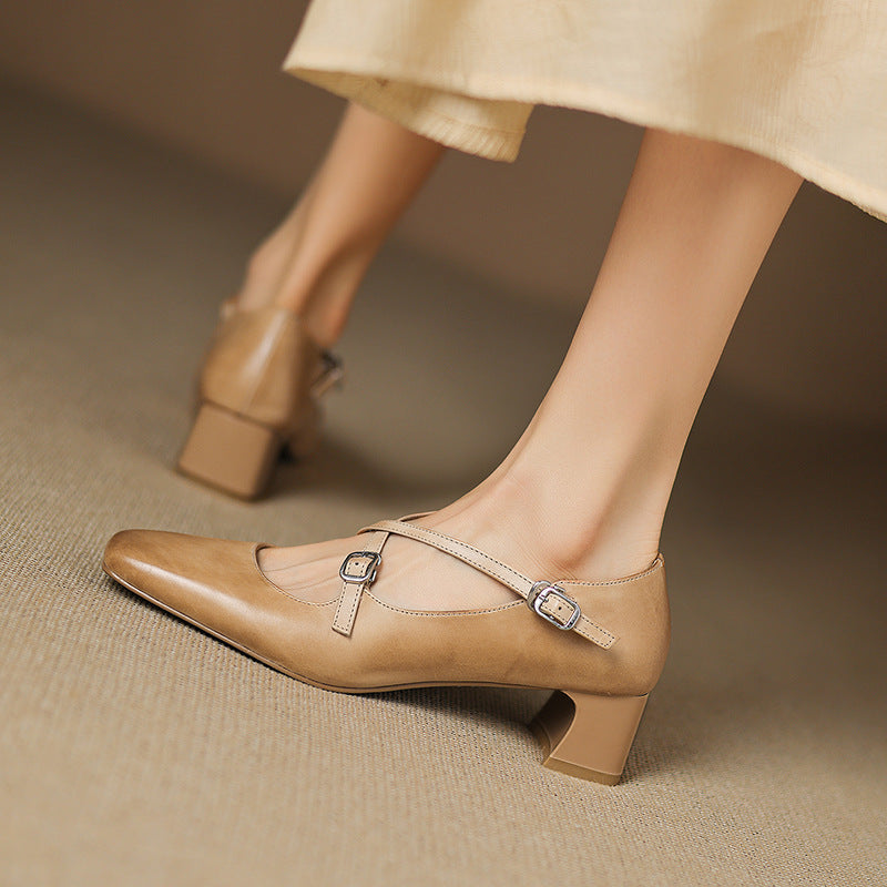 Women's Washed Leather Block Heel Mary Janes Corvine